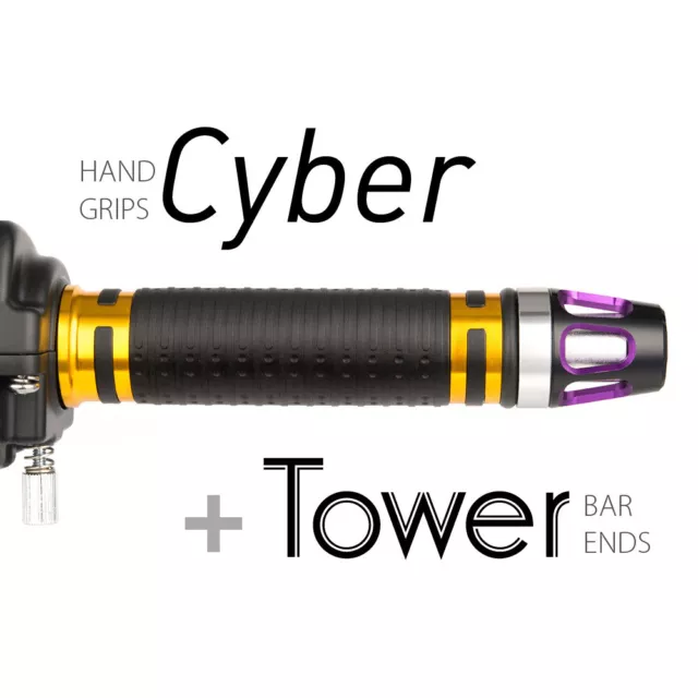 KiWAV Motorcycle Cyber Grips Gold with Tower Bar Ends Purple/Silver