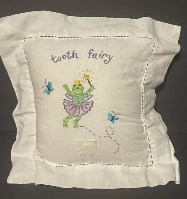 Child’s Tooth Fairy Pillow Embroidered Green Frog and Blue Butterflies 12"