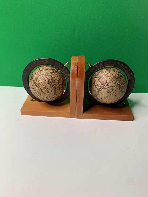 VINTAGE STYLE WOOD Bookends With Old World Map Spinning Globes 16 99 