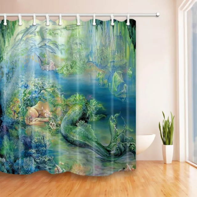 Mermaid Ocean Shower Curtain Waterproof Fabric Fairy Tales Bath Decor with Hooks