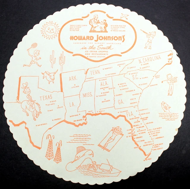 1959 Howard Johnson's Paper Placemat South Pie Shape Hotel Restaurant Map