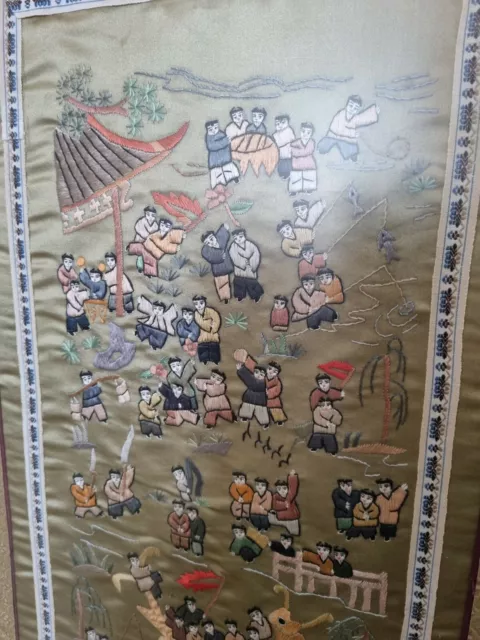 Vintage Chinese Tapestry Panel Embroidered on Silk Framed 2