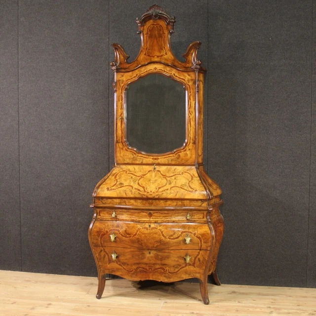Trumeau ribalta lombarda in legno intarsiato mobile scrittoio stile antico 900