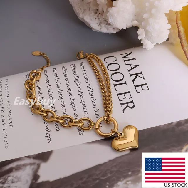 3 Colors Woman 18K Gold Plated Stainless Steel Heart Charm Link Chain Bracelet