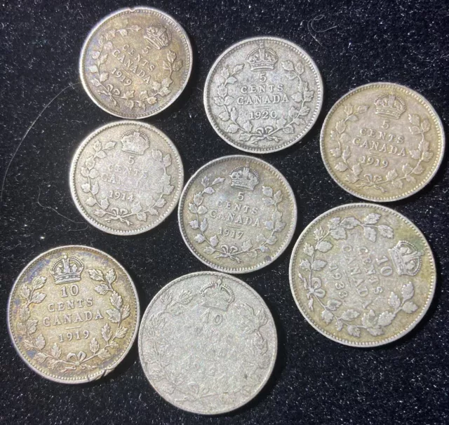 Old Canada 5 And 10 Cent Silver Coins 1912, 1914, 1917, 1919, 1920, 1933