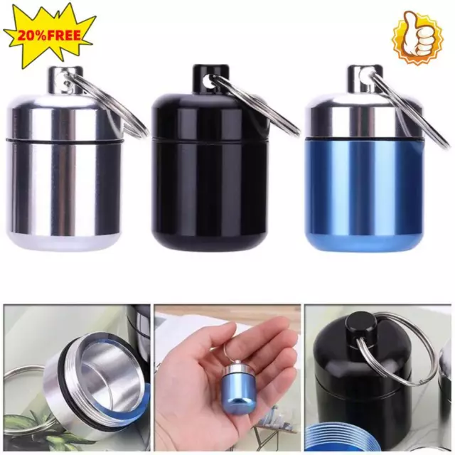 Mini Waterproof Metal Medicine Pill Boxs Case Bottle Holder Container Keychain