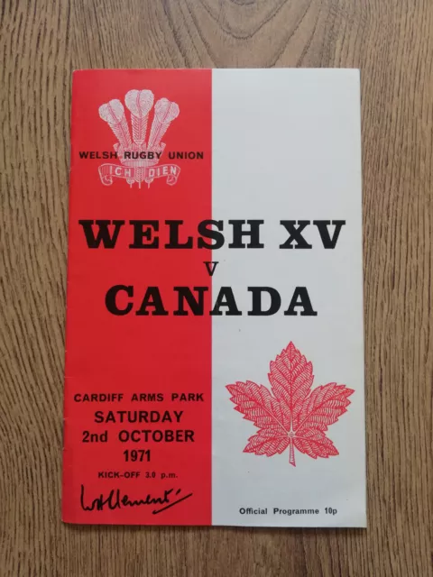 Welsh XV v Canada 1971 Rugby Programme