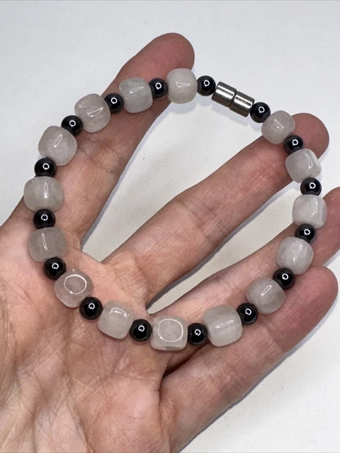 Square White Quartz Round Hematite Beaded Bracelet 9" Anklet Magnet Clasp