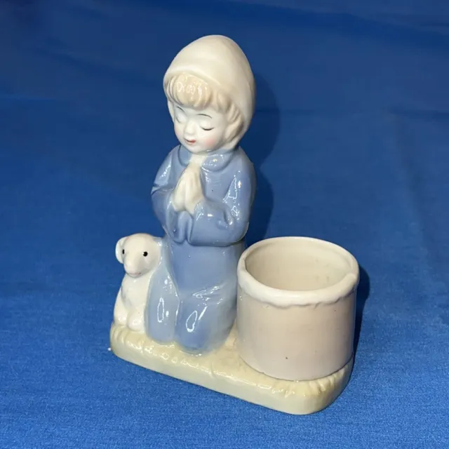 Vintage Ceramic Kneeling Child in Prayer with Lamb Figurine Votive Candle Holder