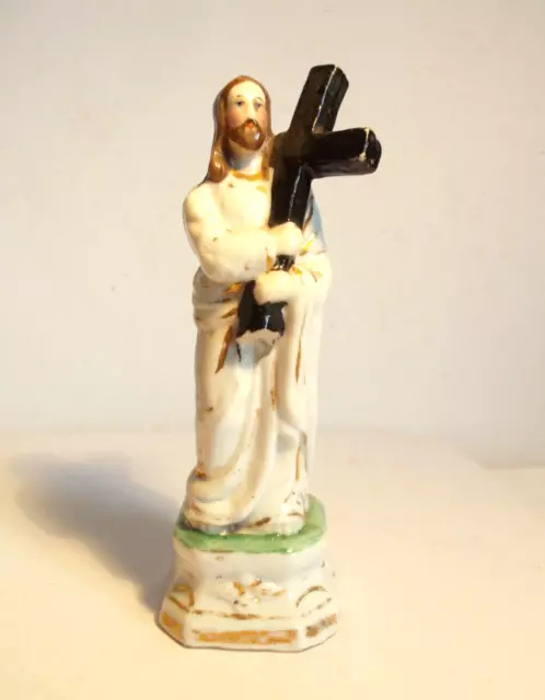 Heiligenfigur Jesus Christus mit schwarzem Kreuz 12cm Biskuit-Porzellan um 1900