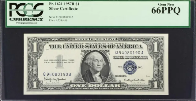 Fr 1621 1957-B $1.00 Silver Certificate Pcgs Gem New 66 Ppq