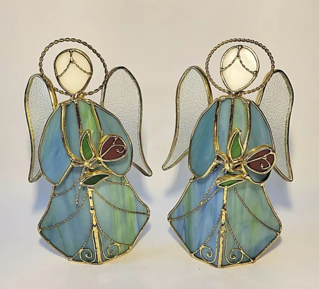 Stained Glass Angel Votive Candle Holder PAIR Tea UG Blue Green RED ROSE Vintage