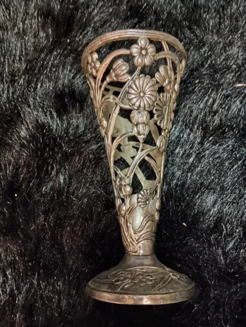 Vintage Silver Tone Filigree Flute Vase Art Nouveau Flower Holder 10"