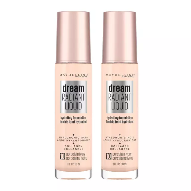 2x Maybelline Dream Radiant Liquid Foundation 30ml 10 Porcelain Ivory