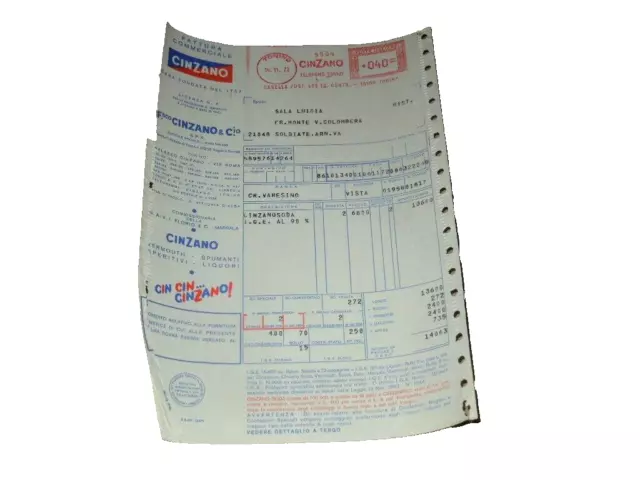 Cinzano-Fattura Commerciale-Pubblicita'-Storia Postale Affrancatura Meccanica