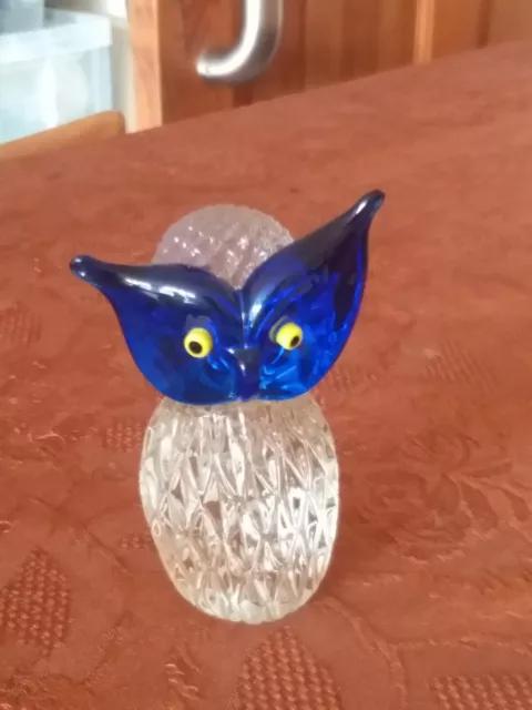 Vintage Arte Murano Icet Glass Owl Figurine ~ Paperweight - Clear & Blue