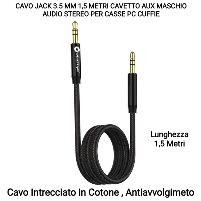 Cavo Jack 3.5 Mm 1,5 Metri Cavetto Aux Maschio Audio Stereo Per Casse Pc Cuffie