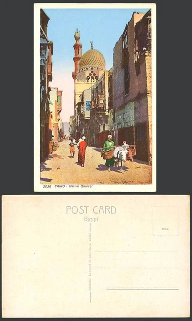 Ägypten alte farbige Postkarte Kairo Heimatviertel, Moschee, Eselstraßenszene 2036