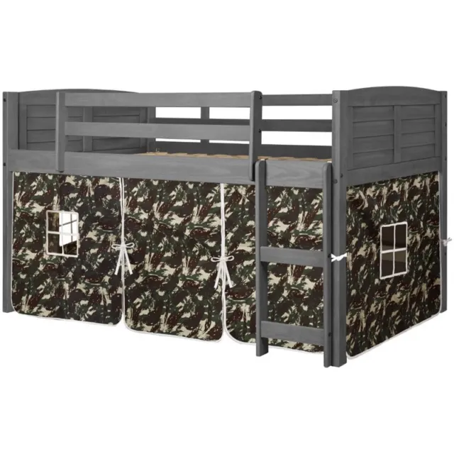 Donco Kids Louver Twin Solid Wood Low Loft Bed with Camo Tent in Antique Gray