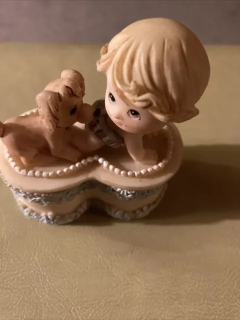 Vintage 4" X 3" Baby Girl With Dog Playing Trinket Box Multicolor 2 piece set