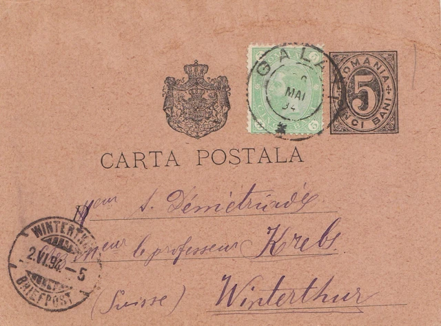 Rumänien: 1894: Ganzsache Galati nach Winterthur