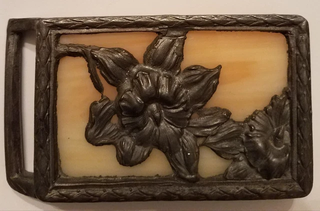 Beautiful  Vintage Stained Glass Hand Made Belt Buckle Flowers Irises?
