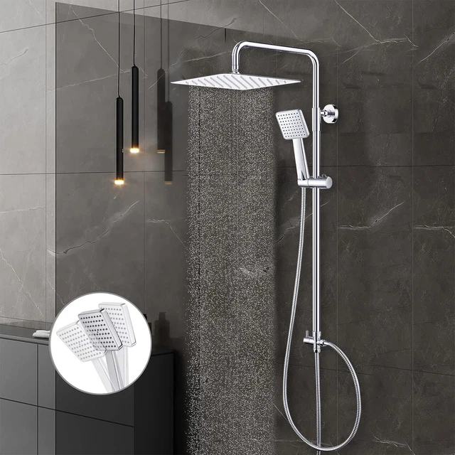 Shower Kit Twin Head 2 Mixer Shower Heads Rail Hose Riser Square Bathroom Chrome