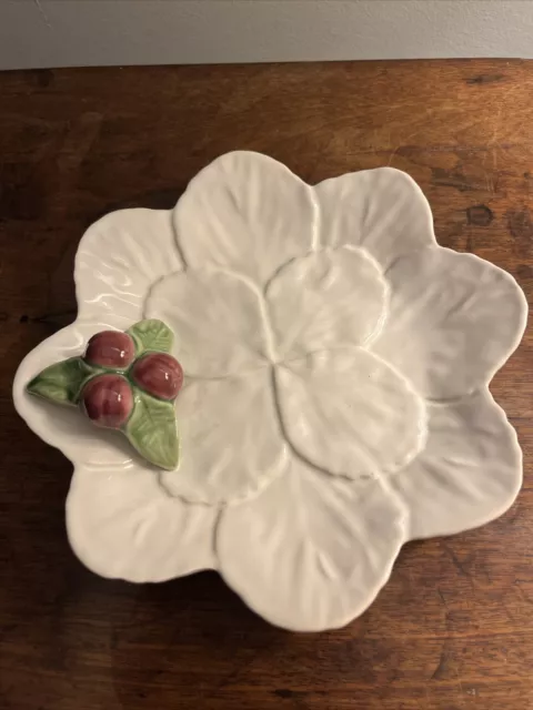 Bordallo Pinheiro Caldas De Rainha White Leaf Dish W/ Strawberry Portugal- 20cm