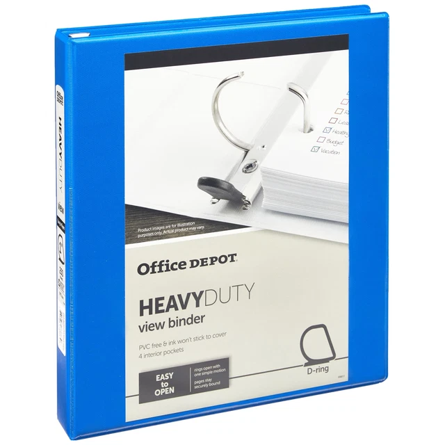 Office Depot Brand Heavy-Duty View 3-Ring Binder, 1" D-Rings, Blue