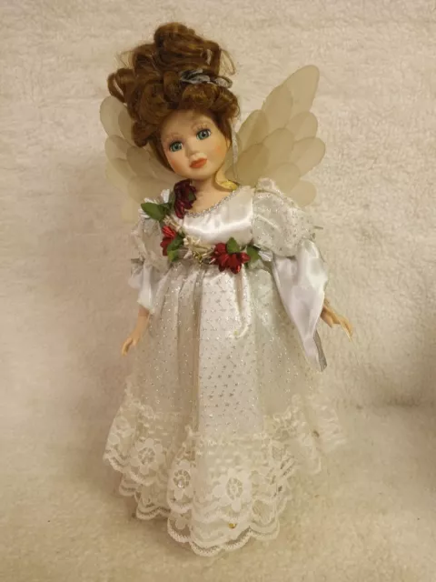 Vintage Fiber Optic Porcelain Doll Angel Green Eyes Brown Hair White Dress