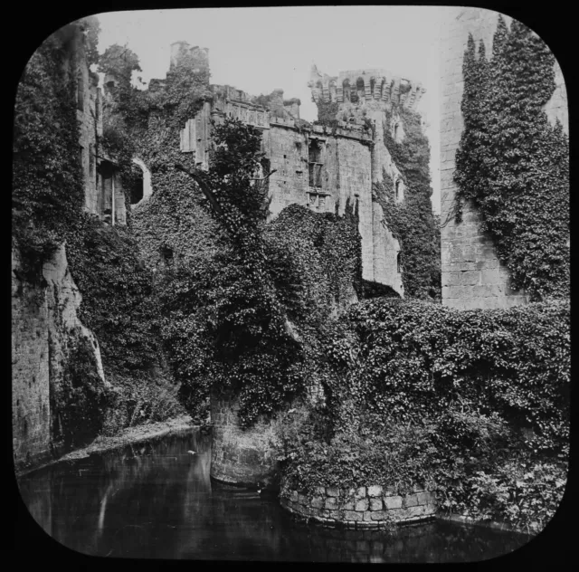 EARLY Magic Lantern Slide RAGLAN CASTLE AND THE MOAT C1888 VICTORIAN PHOTO WALES