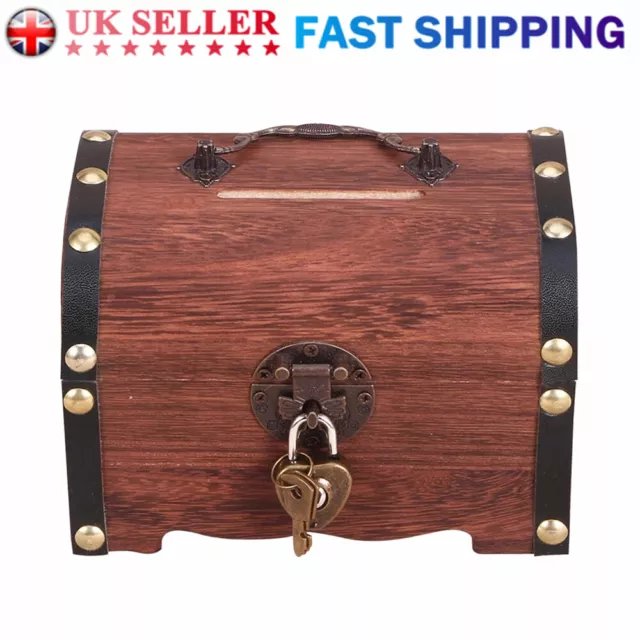 Wooden Treasure Chest With Lock + 2 Key Retro Piggy Bank Moneybox Coin Box Brown