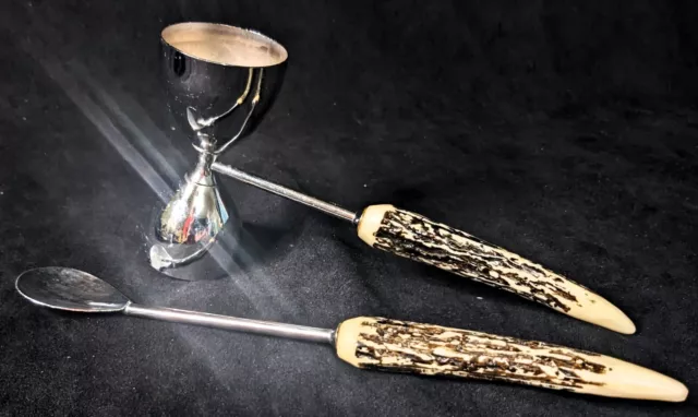 Vintage 2 Piece Bar Cocktail Set  Jigger and Spoon - Faux Antler Stainless Steel