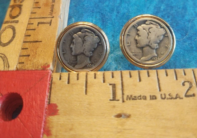 Vintage Gold Tone w Liberty Winged Dime 1935-36/1914 Handcrafted? Cuff Links