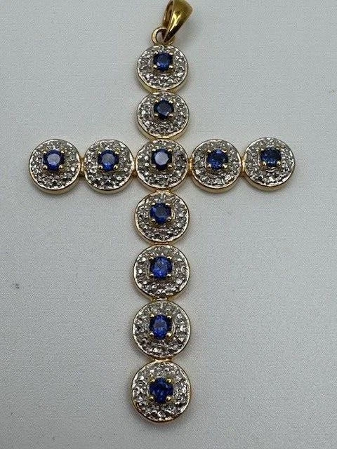 Croix Pendentif En Argent Sterling 925 - Sertie De 10 Saphirs Calibrés - Neuf Sans Emballage