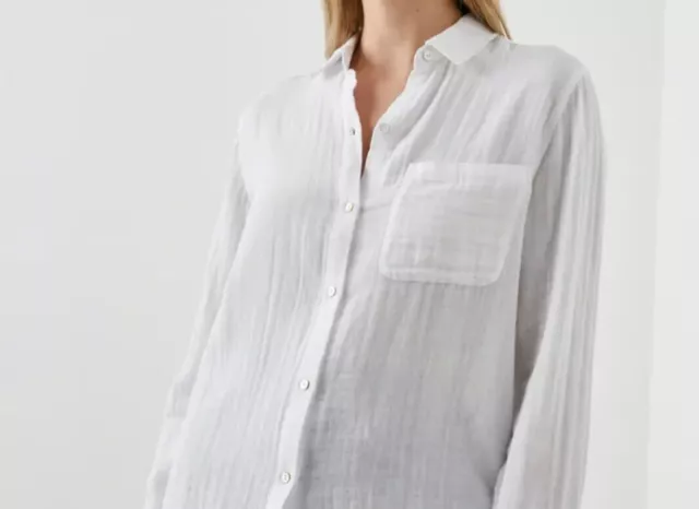 Kirious  Size L White Cotton Gauze Button Up Shirt Long Sleeve Or Swim Cover Top