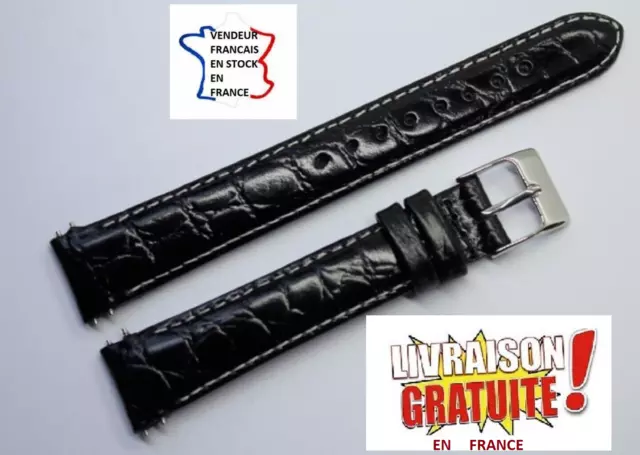 Bracelet montre , 16mm ; NOIR grain CROCO ;CUIR VERITABLE / 314-2