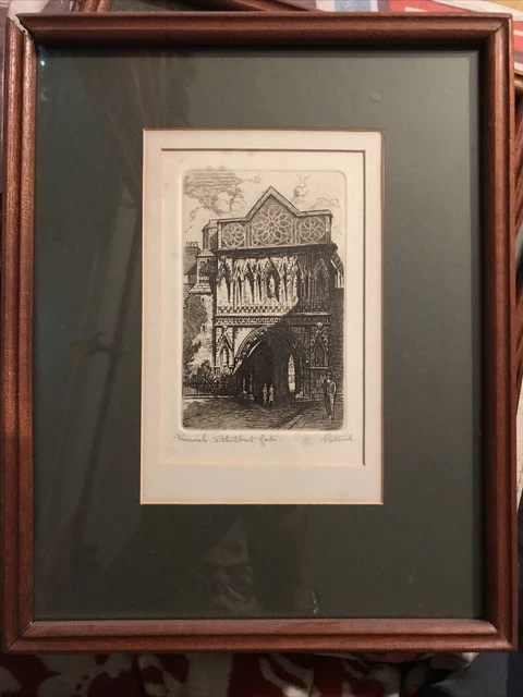 Framed Etching Print signed T Stead Norwich Ethelbert Gate 6.5x4.5”” Frame 11x9”