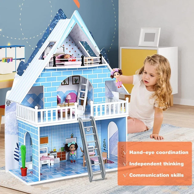 KIDS WOODEN DOLLHOUSE 3 Storey Larg Dolls House with Furnitures & Dolls ...