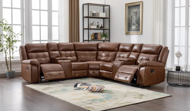 NEW Saddle Brown 110" Sectional 2-Recliner Leather Gel Cupholder Console Storage