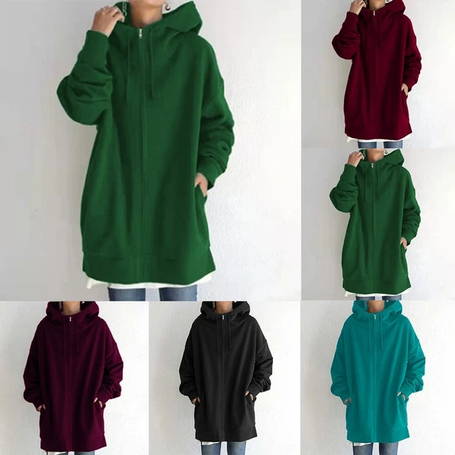 Donna con Cappuccio Lungo Sleeve-Zip Giacca Maglione Felpa Cardigan Forti Nuova