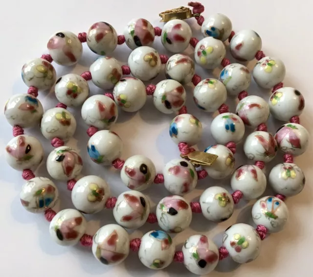 Vintage Chinese Export White Pink And Blue Flower Porcelain Bead Necklace