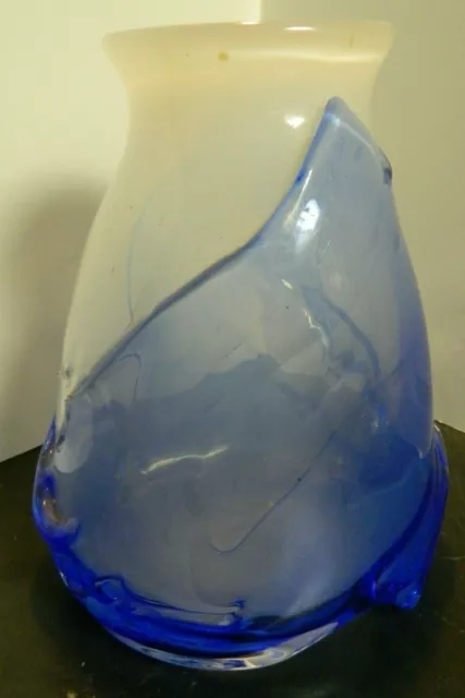 Vintage Hand Blown Murano Cobalt & Opalescent White Abstract Art Glass Vase Exc