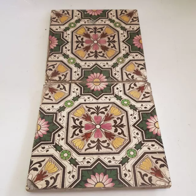 Antique Ceramic Tile Vintage Floral Design x 2 Multicolored (J1)