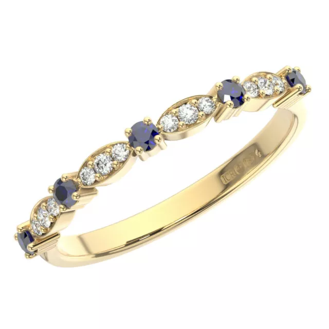 0.25 Ct Natural Round Diamond & Blue Sapphire Half Eternity Ring 9K Yellow Gold