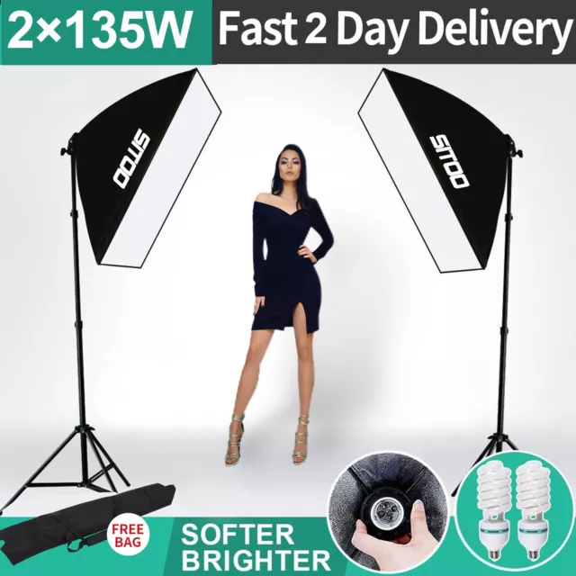 2× 135W Studio Softbox Lighting Kit Continuous Light Stand Soft Box Photo Video