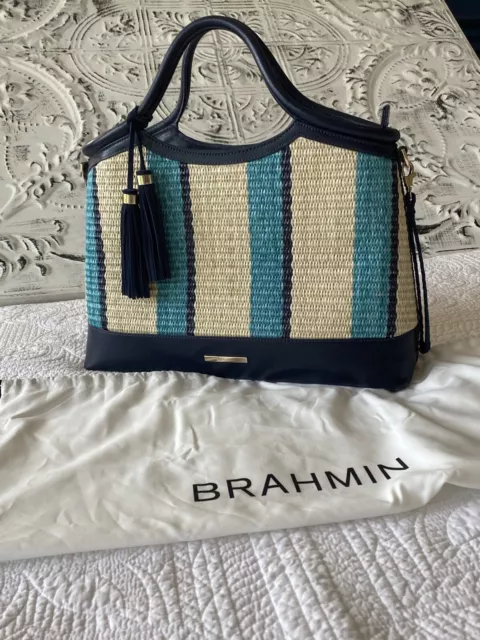 BRAHMIN Leather And Woven Straw Handbag Handles And Crossbody with Dust Cover