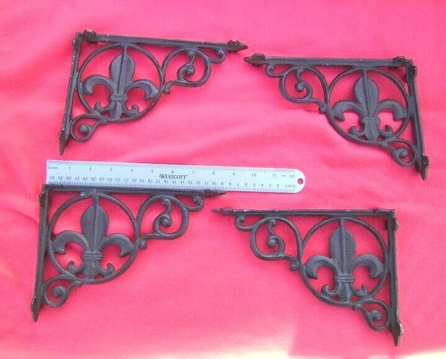4 Brown Antique-Style 8 1/2" Shelf Brackets Cast Iron Fleur De Lis