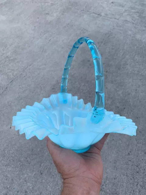 Panier poignée en bambou vintage en verre d'art Fenton bleu melon aquatique ❤️m9