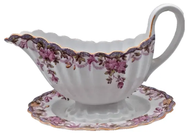 Spode's Copeland Irene Gravy Boat W/ Attached Under Plate England Pink Lavender